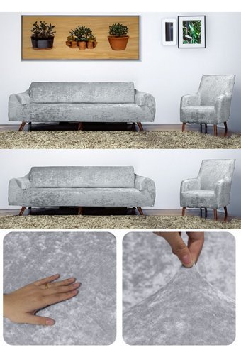Etles Home Pamuklu - Polyester Likralı Jakarlı Süngersiz Armürlü Giydirmeli Gri Sekizli Koltuk Örtüsü 180x230 cm