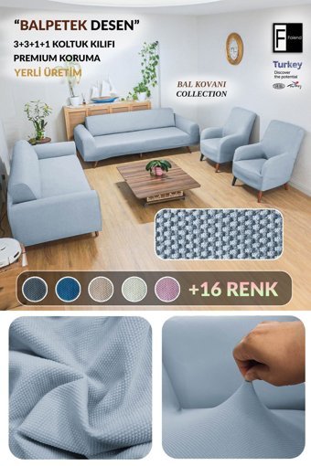 Faiend Polyester Süngersiz Düz Giydirmeli Mavi 3-3-1-1 Koltuk Örtüsü 80x125 cm