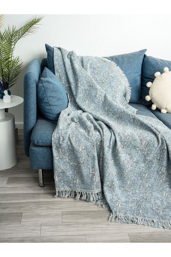 Ecre Pamuklu Kanvas Saçaklı Süngersiz Mavi Tekli Koltuk Örtüsü 170x220 cm