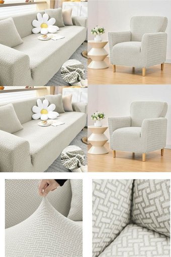 Etles Home Pamuklu - Polyester Likralı Jakarlı Süngersiz Armürlü Giydirmeli Bej Sekizli Koltuk Örtüsü 230x180 cm