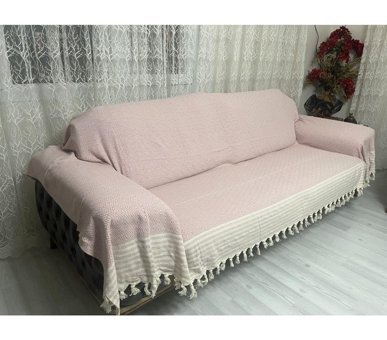 Nasır Home Pamuklu Püsküllü Süngersiz Çizgili Pembe Tekli Koltuk Örtüsü 180x300 cm