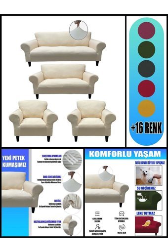 Kılıfsan Polyester Süngersiz Petek Desenli Giydirmeli Bej Dörtlü Koltuk Örtüsü 140 cm
