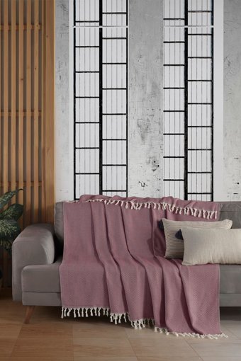 Ladynil Natural Pamuklu Saçaklı Süngersiz Çizgili Bordo Tekli Koltuk Örtüsü 180x220 cm