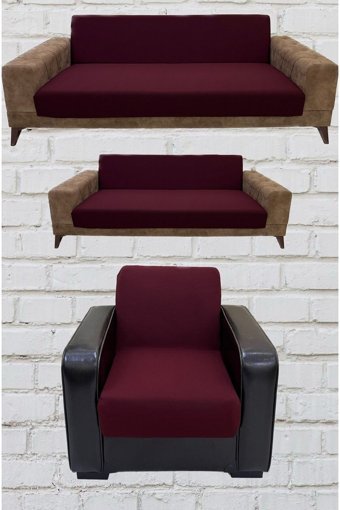 Şahane Ev Mikro Polyester Likralı Jakarlı Süngersiz Düz Giydirmeli Lastikli Bordo Üçlü Koltuk Örtüsü 23x83 cm