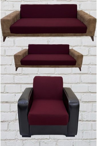 Şahane Ev Mikro Polyester Likralı Jakarlı Süngersiz Düz Giydirmeli Lastikli Bordo Üçlü Koltuk Örtüsü 23x83 cm