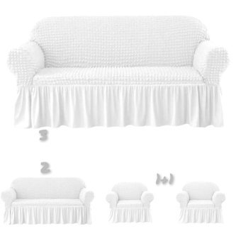 Güzel Aral GA-3211 Pamuklu - Polyester Bürümcük Fırfırlı Kapitone Giydirmeli Lastikli Beyaz 3-2-1-1 Koltuk Örtüsü 180x230 cm