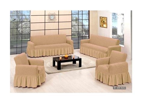 Armağan Pamuklu - Polyester Bürümcük Fırfırlı Süngersiz Giydirmeli Lastikli Kahverengi Dörtlü Koltuk Örtüsü 230x180 cm