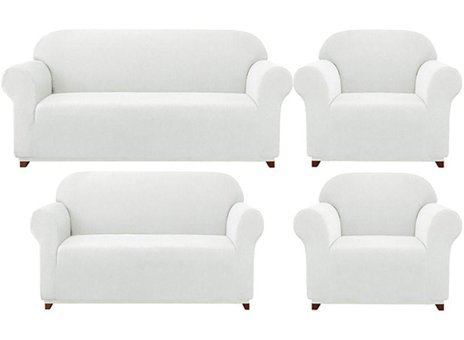 Bright Home Polyester Likralı Süngersiz Pitikare Desenli Giydirmeli Lastikli Beyaz Dörtlü Koltuk Örtüsü 180x230 cm