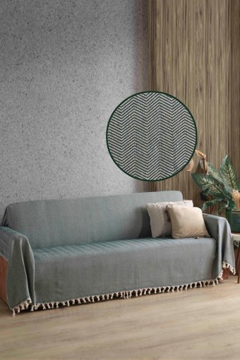 Ladynil Natural Pamuklu Saçaklı Süngersiz Çizgili Yeşil Tekli Koltuk Örtüsü 180x300 cm