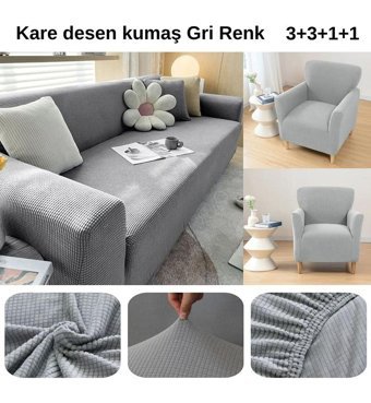 Etles Home Polyester Likralı Jakarlı Süngersiz Armürlü Giydirmeli Gri Sekizli Koltuk Örtüsü 180x230 cm