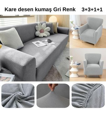 Etles Home Polyester Likralı Jakarlı Süngersiz Armürlü Giydirmeli Gri Sekizli Koltuk Örtüsü 180x230 cm