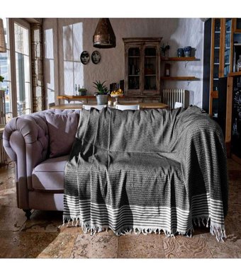Miracolo Home Pamuklu Püsküllü Süngersiz Geometrik Desenli Siyah Tekli Koltuk Örtüsü 180x215 cm