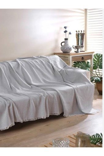 Enti Ev Tekstili Pamuklu Kanvas Saçaklı Süngersiz Armürlü Gri Üçlü Koltuk Örtüsü 170x220 cm
