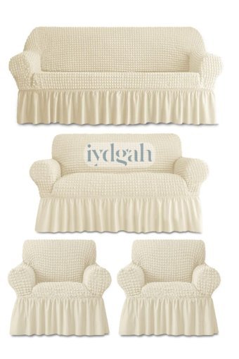 Iydgah Polyester Bürümcük-Likralı Fırfırlı Süngersiz Kapitone Giydirmeli Krem 3-2-1-1 Koltuk Örtüsü 50x180 cm