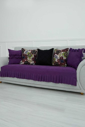 Aisha's Design KO-29 Polyester Örgü Pileli Süngersiz Düz Mor Tekli Koltuk Örtüsü 90x210 cm