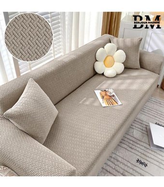 Bonjourmadame Polyester Süngersiz Geometrik Desenli Giydirmeli Lastikli Bej Tekli Koltuk Örtüsü 180x230 cm