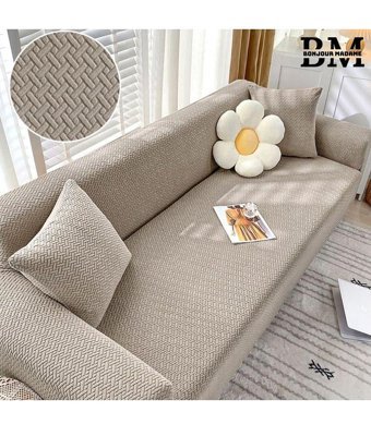 Bonjourmadame Polyester Süngersiz Geometrik Desenli Giydirmeli Lastikli Bej Tekli Koltuk Örtüsü 180x230 cm