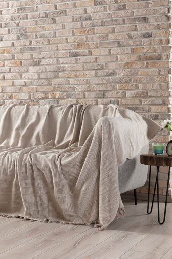 Vagonik Pamuklu Polar Saçaklı Süngersiz Düz Bej Tekli Koltuk Örtüsü 180x230 cm