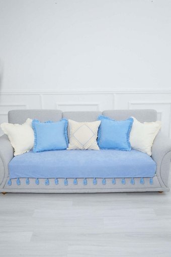 Aisha's Design KO-19 Polyester Örgü Püsküllü Süngersiz Çizgili Mavi Tekli Koltuk Örtüsü 34x48 cm