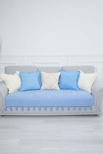Aisha's Design KO-19 Polyester Örgü Püsküllü Süngersiz Çizgili Mavi Tekli Koltuk Örtüsü 34x48 cm