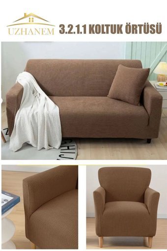 Uzhanem Polyester Bürümcük-Likralı Süngerli Petek Desenli Giydirmeli Kahverengi Dörtlü Koltuk Örtüsü 183x230 cm