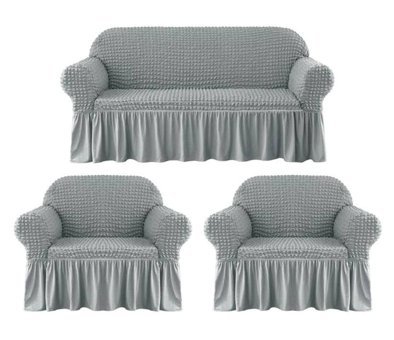 Eldost Ticaret Pamuklu - Polyester Bürümcük Jakarlı Süngersiz Armürlü Giydirmeli Gri Beşli Koltuk Örtüsü 180x230 cm