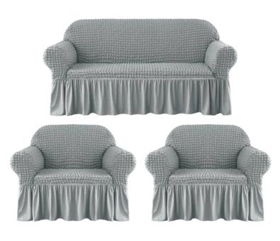 Eldost Ticaret Pamuklu - Polyester Bürümcük Jakarlı Süngersiz Armürlü Giydirmeli Gri Beşli Koltuk Örtüsü 180x230 cm