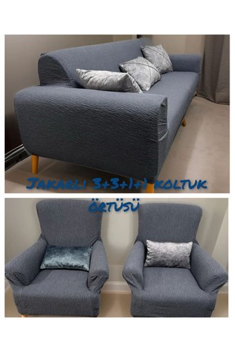 Güzel Aral GAJ-3311 Pamuklu - Polyester Jakarlı Kırçıllı Giydirmeli Lastikli Gri Üçlü Koltuk Örtüsü 180x230 cm