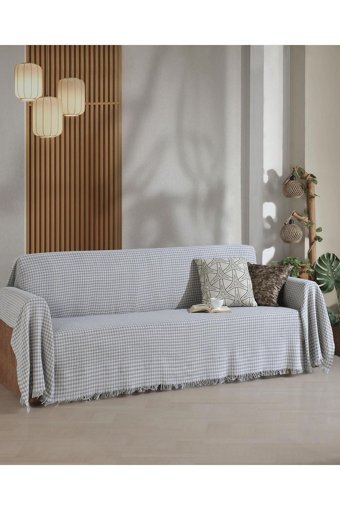 Ladynil Pamuklu Saçaklı Süngersiz Çiçek Desenli Gri Tekli Koltuk Örtüsü 180x300 cm