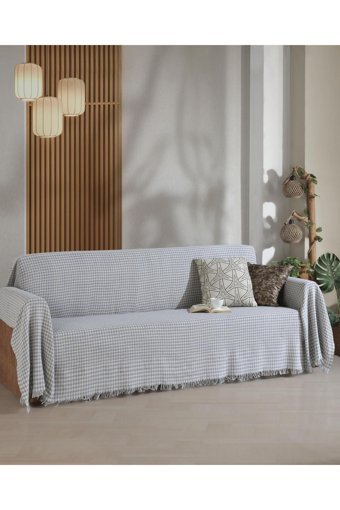 Ladynil Pamuklu Saçaklı Süngersiz Çiçek Desenli Gri Tekli Koltuk Örtüsü 180x300 cm