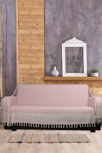 Kubal Home Pamuklu Püsküllü Süngersiz Geometrik Desenli Pembe Tekli Koltuk Örtüsü 180x300 cm