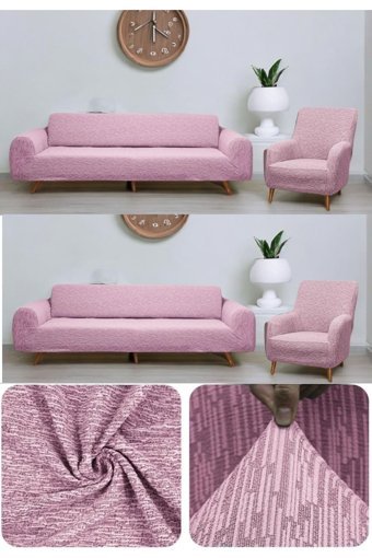 Seltenet Likralı Jakarlı Süngersiz Çizgili Giydirmeli Su Geçirmez Pembe Dörtlü Koltuk Örtüsü 180x230 cm