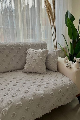 Best House Decor Pamuklu Püsküllü Süngersiz Geometrik Desenli Gri Tekli Koltuk Örtüsü 180x230 cm
