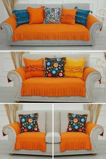 Aisha's Design KTK-9 Polyester Örgü Pileli Süngersiz Düz Turuncu Dörtlü Koltuk Örtüsü 90x210 cm