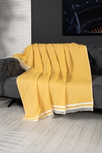 Denizli Concept Pamuklu - Polyester Kanvas Saçaklı Süngersiz Armürlü Hardal Üçlü Koltuk Örtüsü 170x230 cm