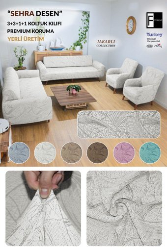 Faiend Polyester Jakarlı Süngersiz Giydirmeli Bej 3-3-1-1 Koltuk Örtüsü 230x180 cm