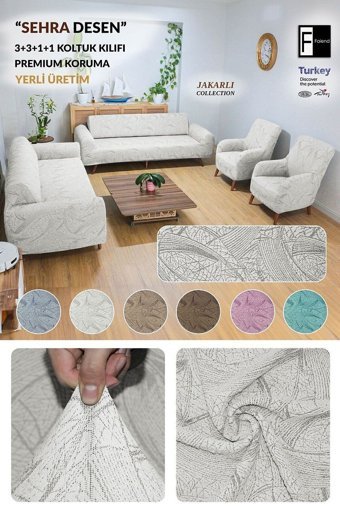Faiend Polyester Jakarlı Süngersiz Giydirmeli Bej 3-3-1-1 Koltuk Örtüsü 230x180 cm