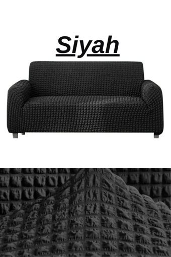 E Bahar Polyester Bürümcük Jakarlı Süngersiz Armürlü Giydirmeli Siyah Üçlü Koltuk Örtüsü 180x230 cm