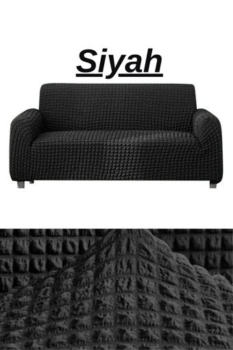 E Bahar Polyester Bürümcük Jakarlı Süngersiz Armürlü Giydirmeli Siyah Üçlü Koltuk Örtüsü 180x230 cm