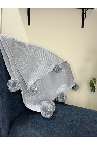 Zu Baby Collection Pamuklu Bürümcük Ponponlu Süngersiz Düz Gri Tekli Koltuk Örtüsü 110x230 cm