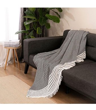 Dafne Moda Naturel Pamuklu Kanvas Süngersiz Armürlü Siyah Üçlü Koltuk Örtüsü 170x210 cm