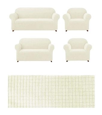 Uytm Bambu - Pamuklu Bürümcük-Likralı Süngerli Düz Giydirmeli Bej Dörtlü Koltuk Örtüsü 180x230 cm