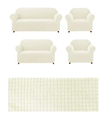 Uytm Bambu - Pamuklu Bürümcük-Likralı Süngerli Düz Giydirmeli Bej Dörtlü Koltuk Örtüsü 180x230 cm