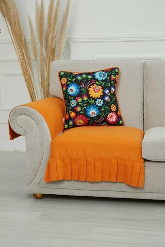 Aisha's Design KTK-7 Polyester Örgü Pileli Süngersiz Düz Turuncu Tekli Koltuk Örtüsü 90x75 cm