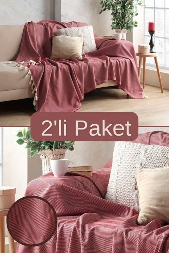 Miracolo Home Pamuklu Püsküllü Süngersiz Çizgili Bordo İkili Koltuk Örtüsü 170x230 cm