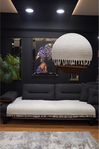 Star Home Collections Pamuklu Polar Saçaklı Süngersiz Geometrik Desenli Ekru Tekli Koltuk Örtüsü 120x220 cm