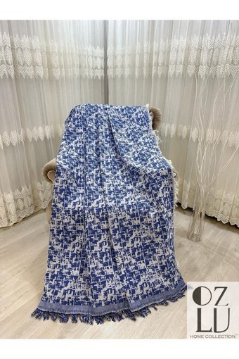 Özlü Home Pamuklu - Polyester Örgü Saçaklı Süngersiz Çizgili Mavi Tekli Koltuk Örtüsü 170x220 cm