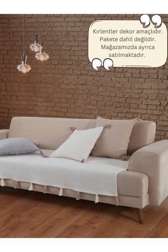 Lux Touch Liva Pamuklu Ponponlu-Püsküllü Süngersiz Geometrik Desenli Ekru Tekli Koltuk Örtüsü 115x201 cm