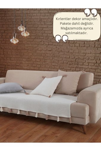 Lux Touch Liva Pamuklu Ponponlu-Püsküllü Süngersiz Geometrik Desenli Ekru Tekli Koltuk Örtüsü 115x201 cm