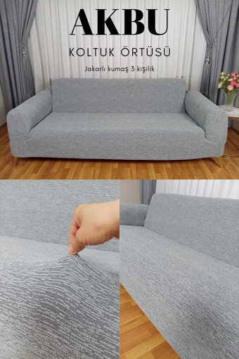 Akbu Polyester Süngersiz Çizgili Giydirmeli Lastikli Gri Tekli Koltuk Örtüsü 180x230 cm